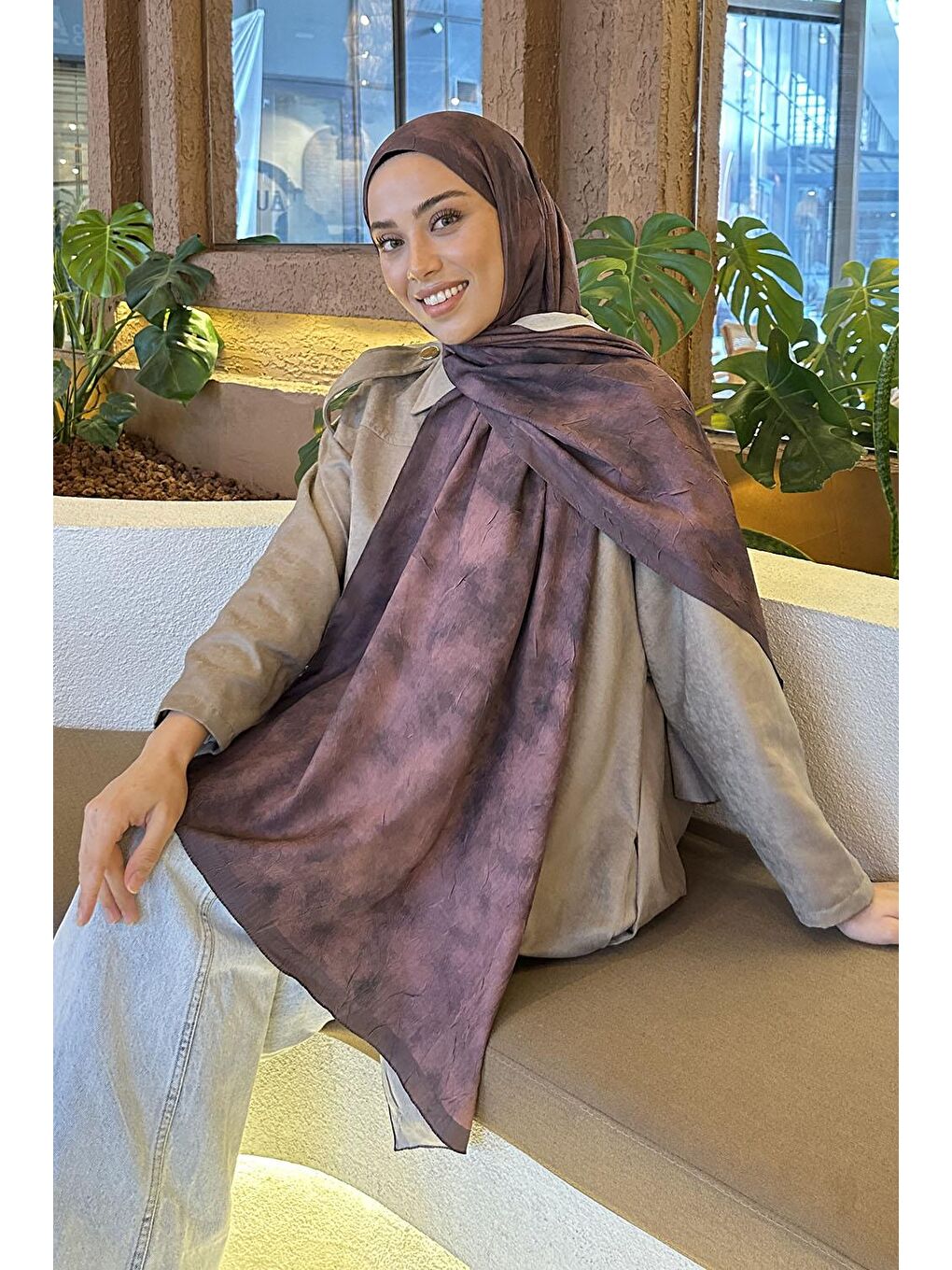 Pembe Bulut Desen Bambu Şal Gül