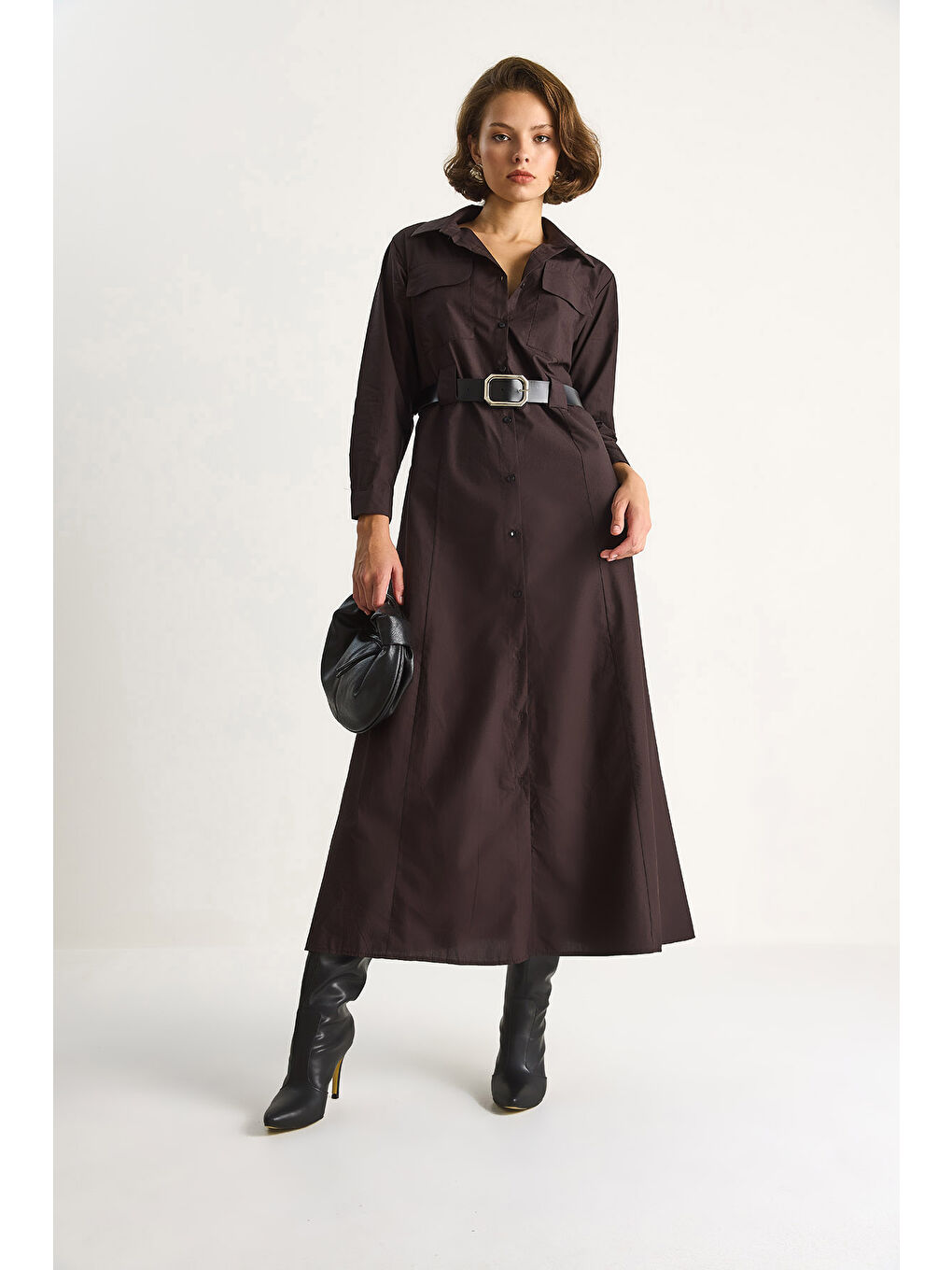 Kahverengi Kadın Düğme Kapamalı Cep Detaylı Kemerli Gömlek Elbise-2