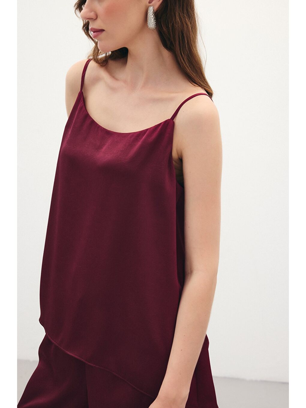 Askılı Saten Bluz - Bordo-5