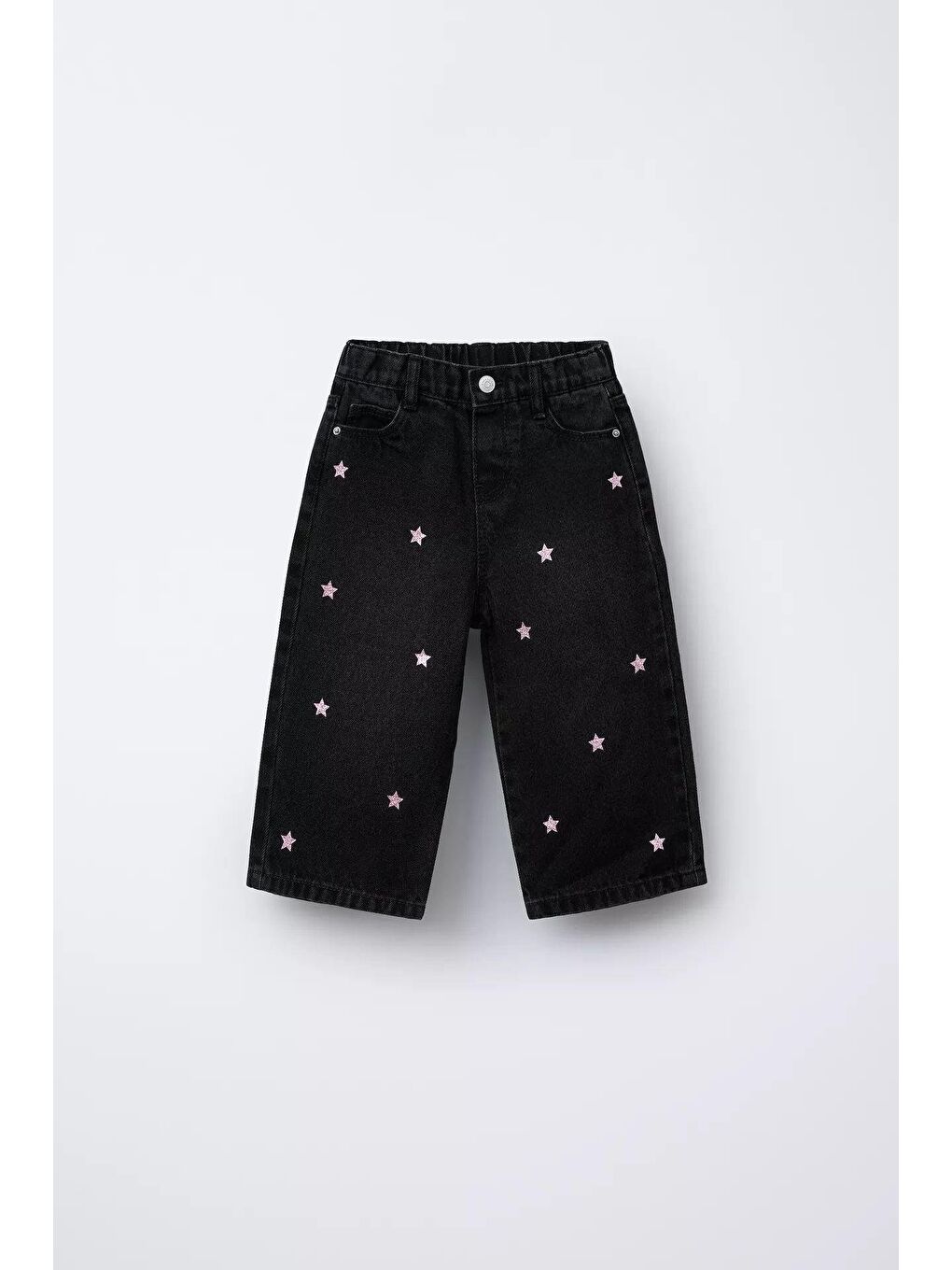 Kız Çocuk Pamuklu Siyah Yıldız Desenli Denim Pantolon – Elastik Bel, Rahat Kesim