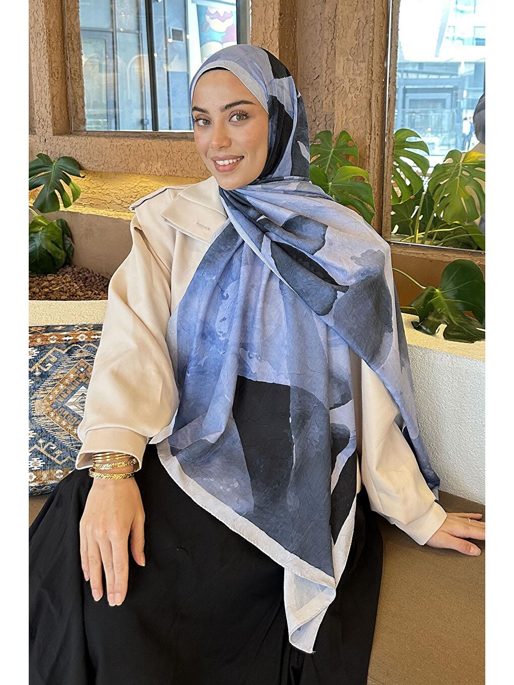 Yaprak Desen Bambu Şal Bebe Mavisi