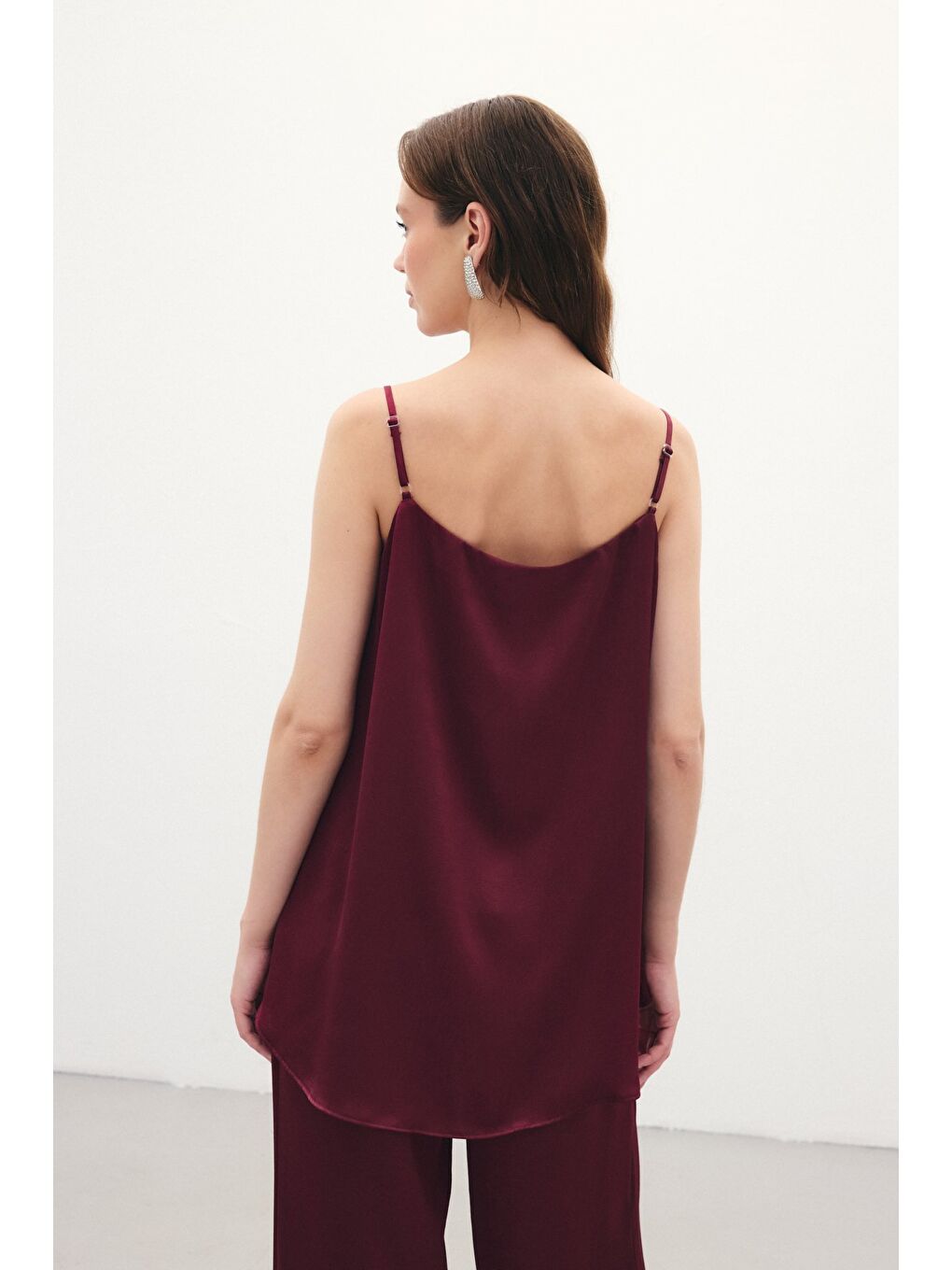 Askılı Saten Bluz - Bordo-6