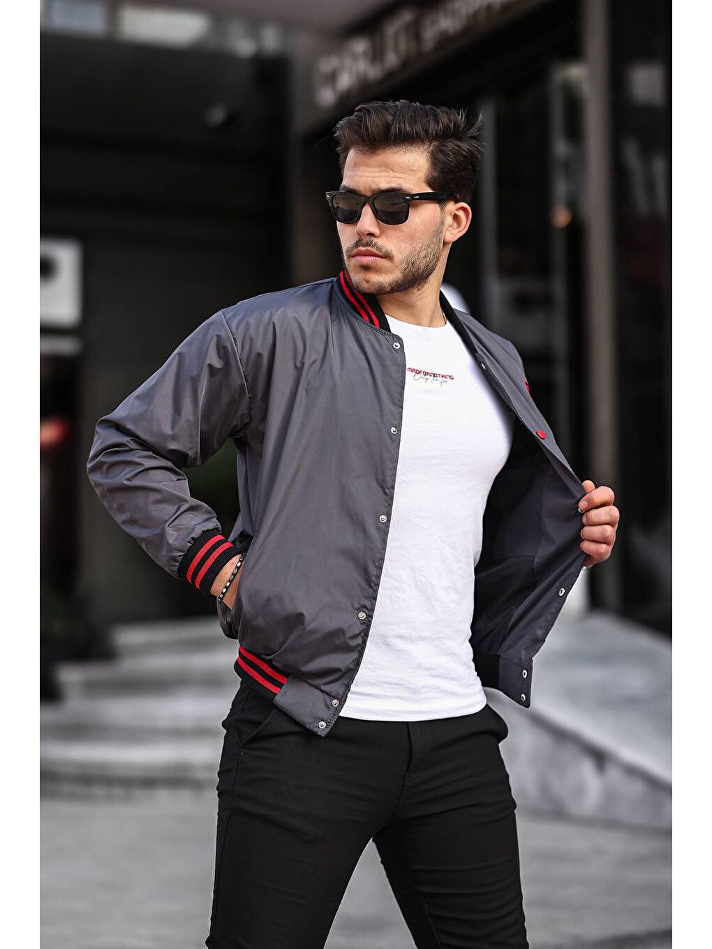 Gri Erkek Baskılı Kapüşonlu Füme Kolej Ceket-1