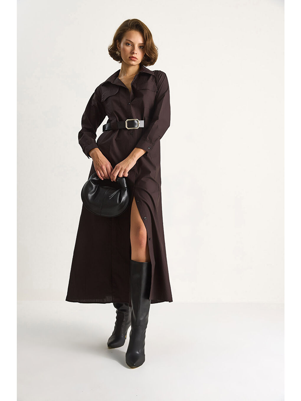 Kahverengi Kadın Düğme Kapamalı Cep Detaylı Kemerli Gömlek Elbise-3