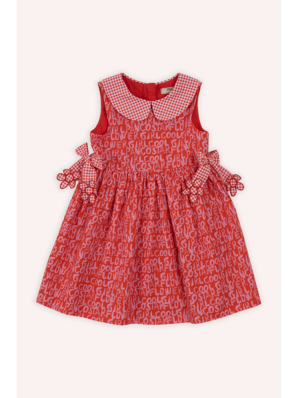 Kırmızı Kız Bebek Yaka Detaylı Eteği Volanlı Aplike Detaylı Desenli Nar Elbise