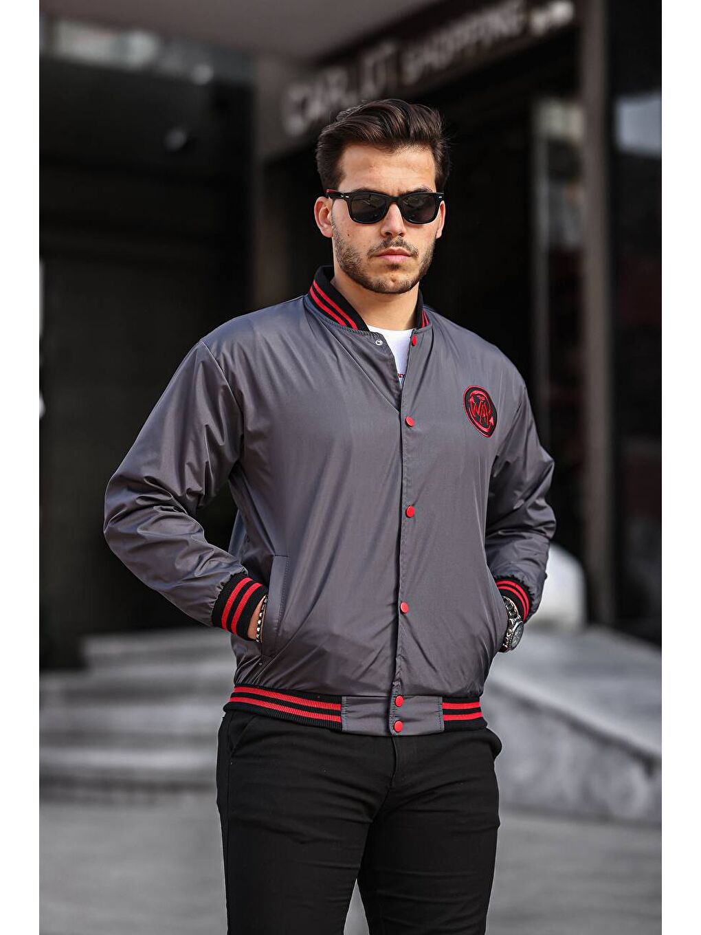 Gri Erkek Baskılı Kapüşonlu Füme Kolej Ceket-2