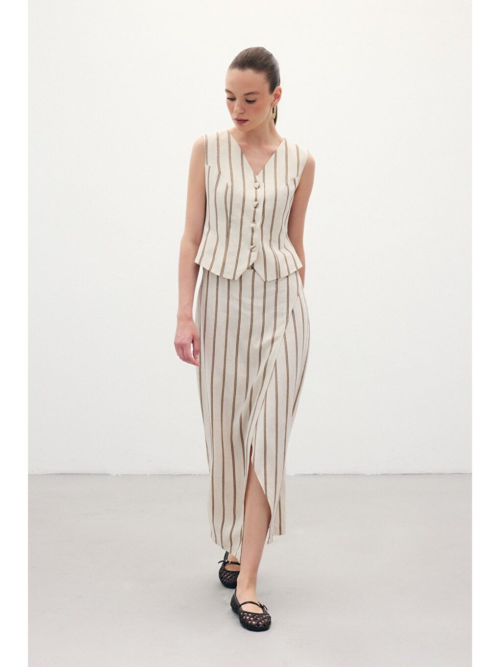 Kahverengi Çizgili Keten Etek - Camel