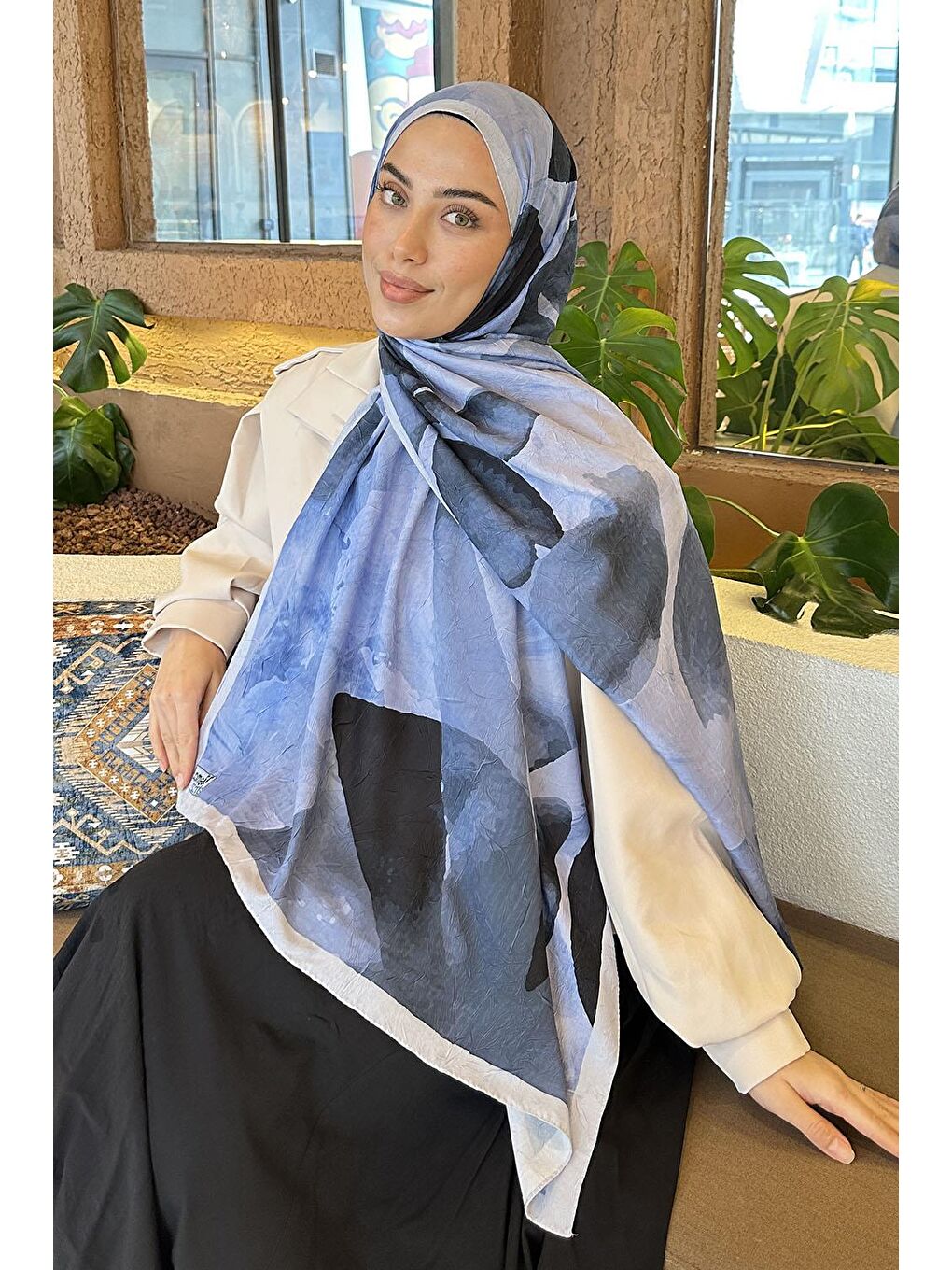 Yaprak Desen Bambu Şal Bebe Mavisi-1