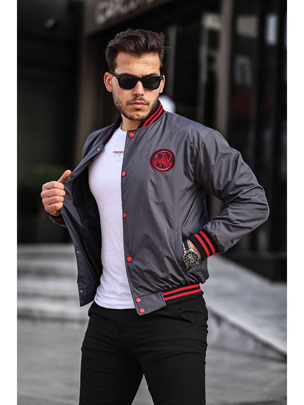 Gri Erkek Baskılı Kapüşonlu Füme Kolej Ceket-3