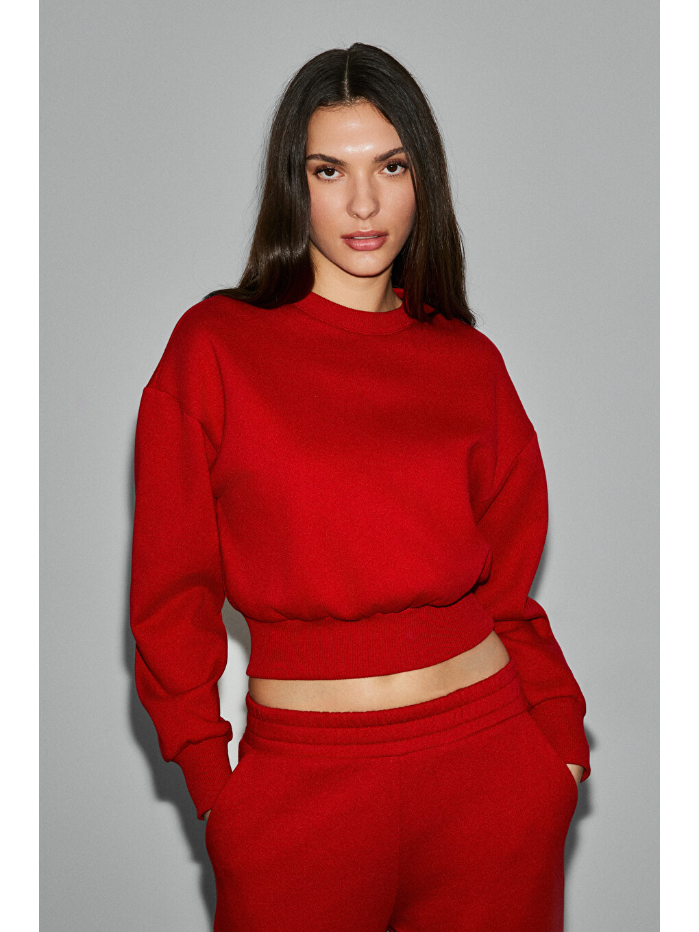 Karalıs Kadın Pamuklu Bisiklet Yaka Crop Kırmızı Sweatshirt-3
