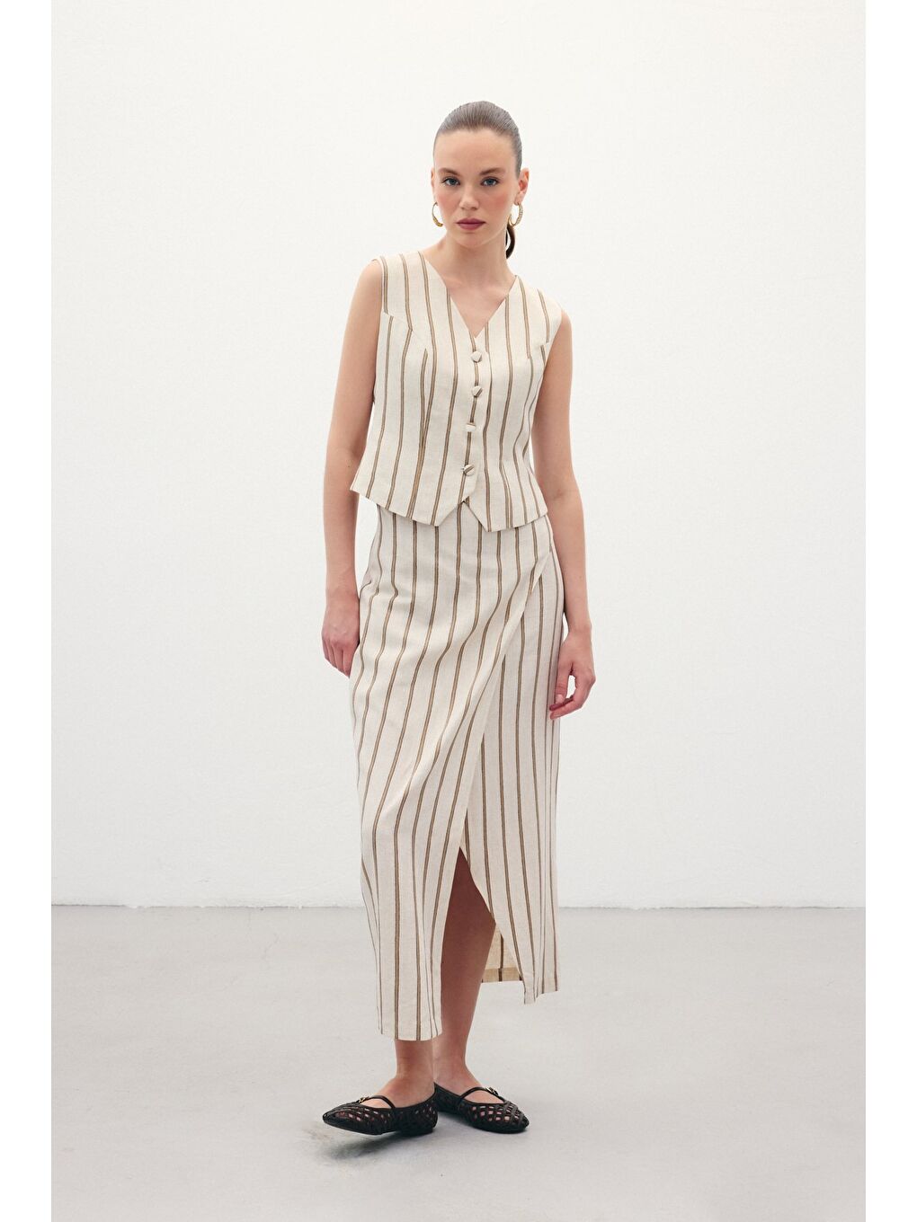 Kahverengi Çizgili Keten Etek - Camel-1