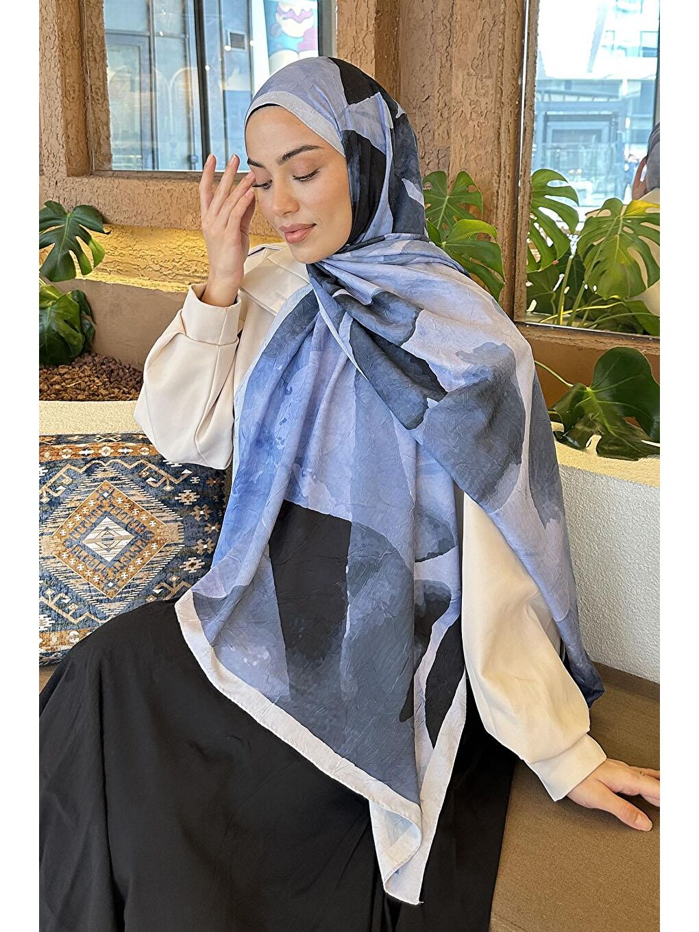 Yaprak Desen Bambu Şal Bebe Mavisi-2