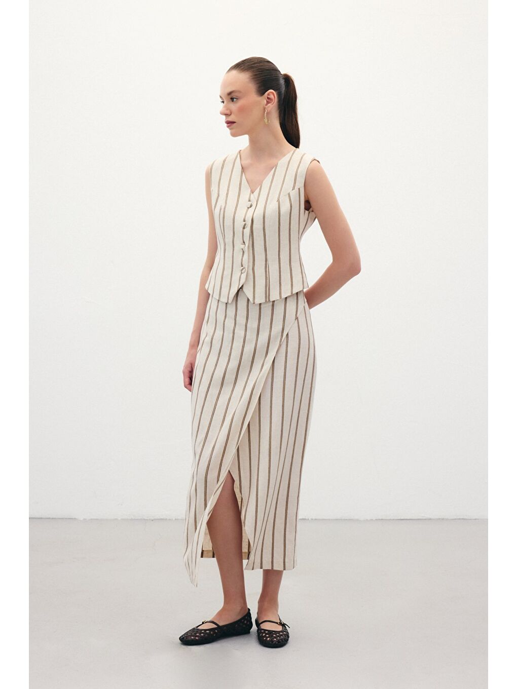 Kahverengi Çizgili Keten Etek - Camel-2