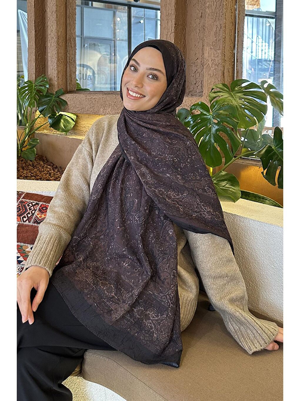 Retro Desen Bambu Şal Siyah Kahverengi-1