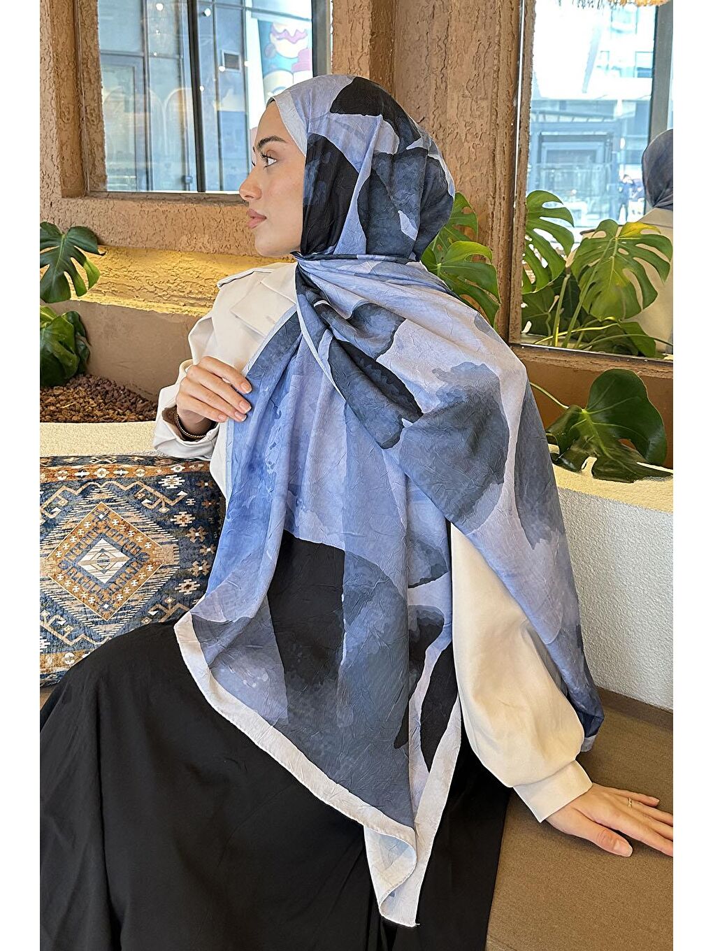 Yaprak Desen Bambu Şal Bebe Mavisi-3