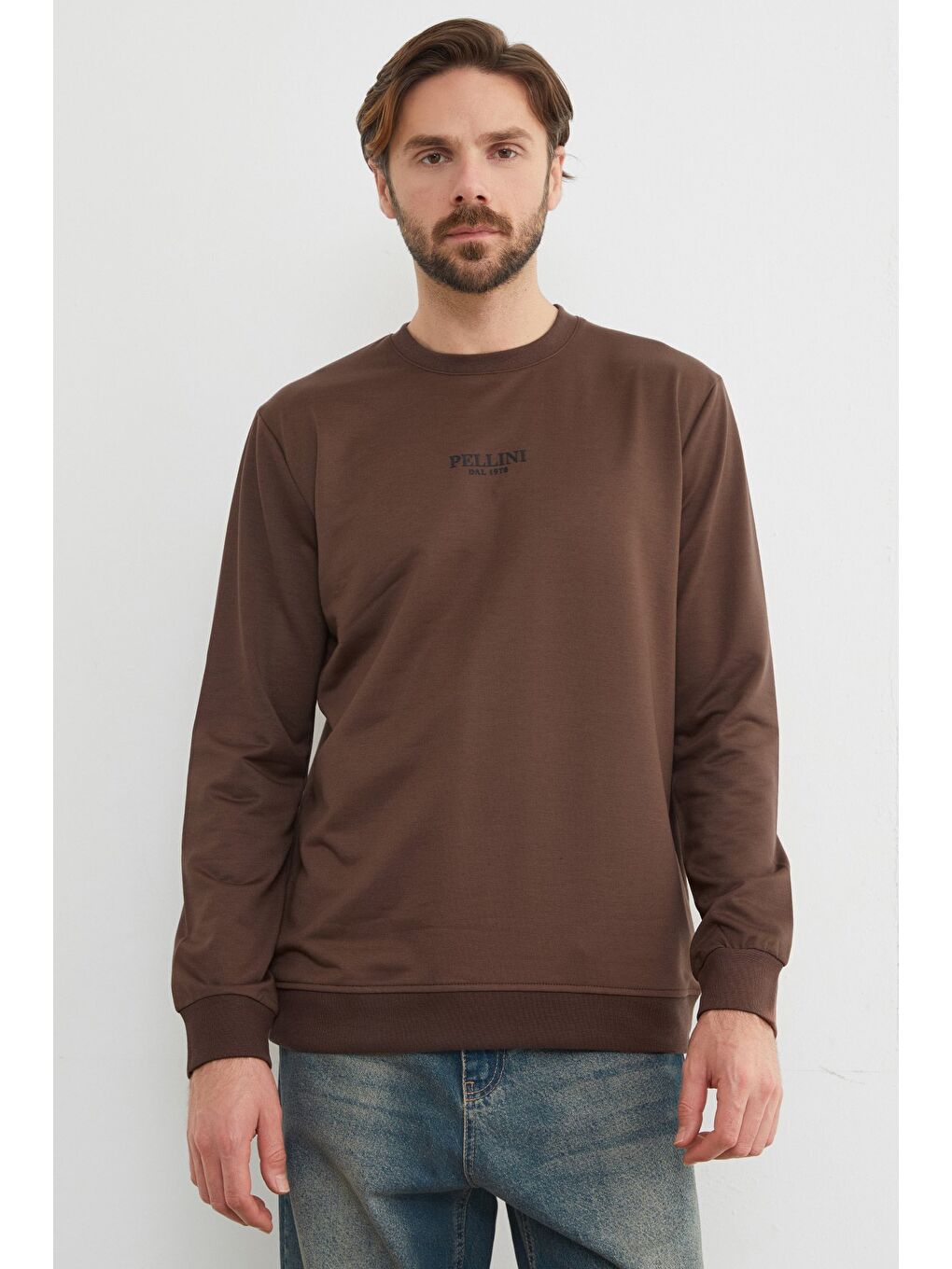Kahverengi Pellını Yazı Kabartmalı Bisiklet Yaka Sweatshirt