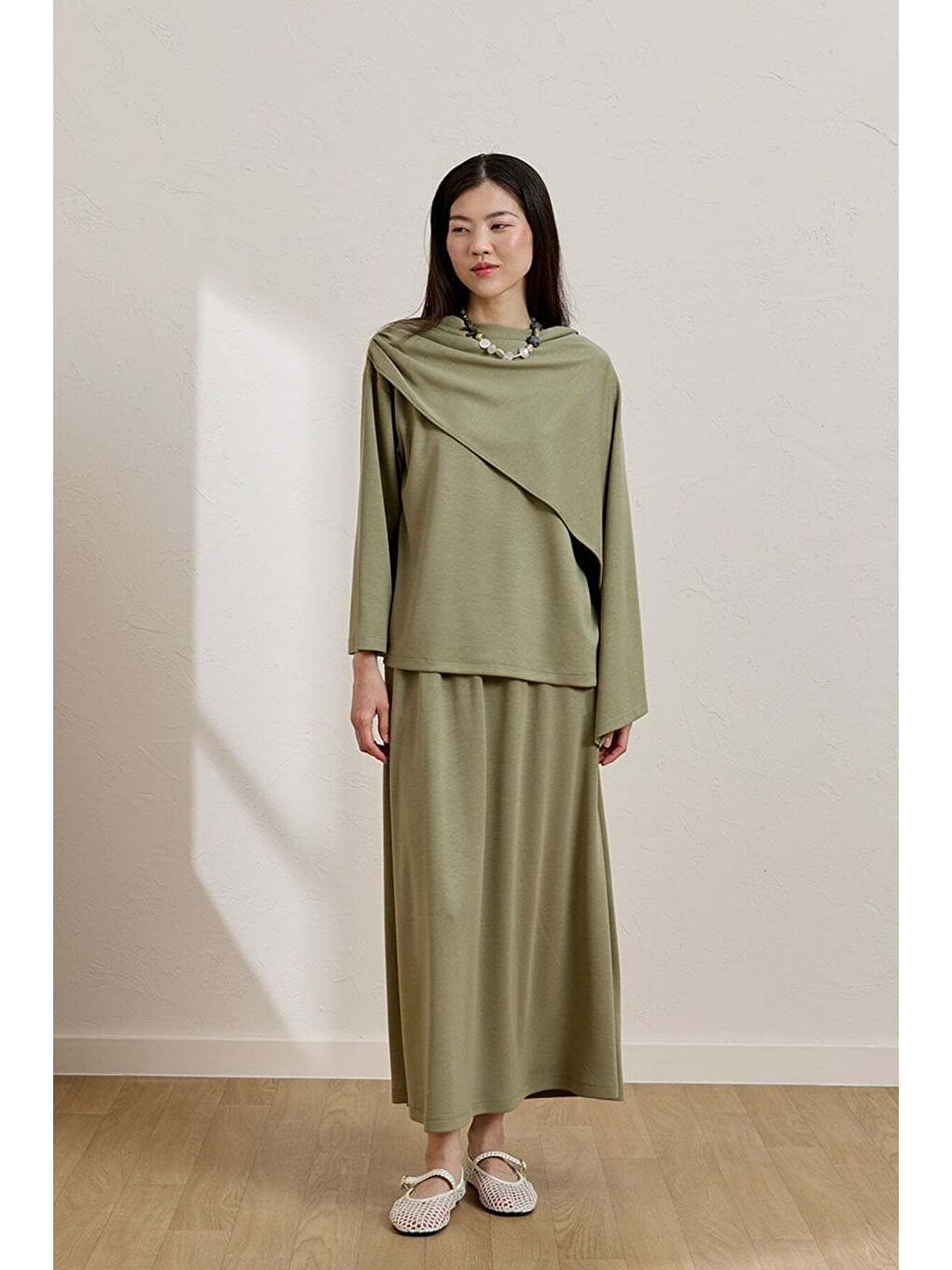 Çağla Yeşili Etek   Atkılı Bluz Takım-1