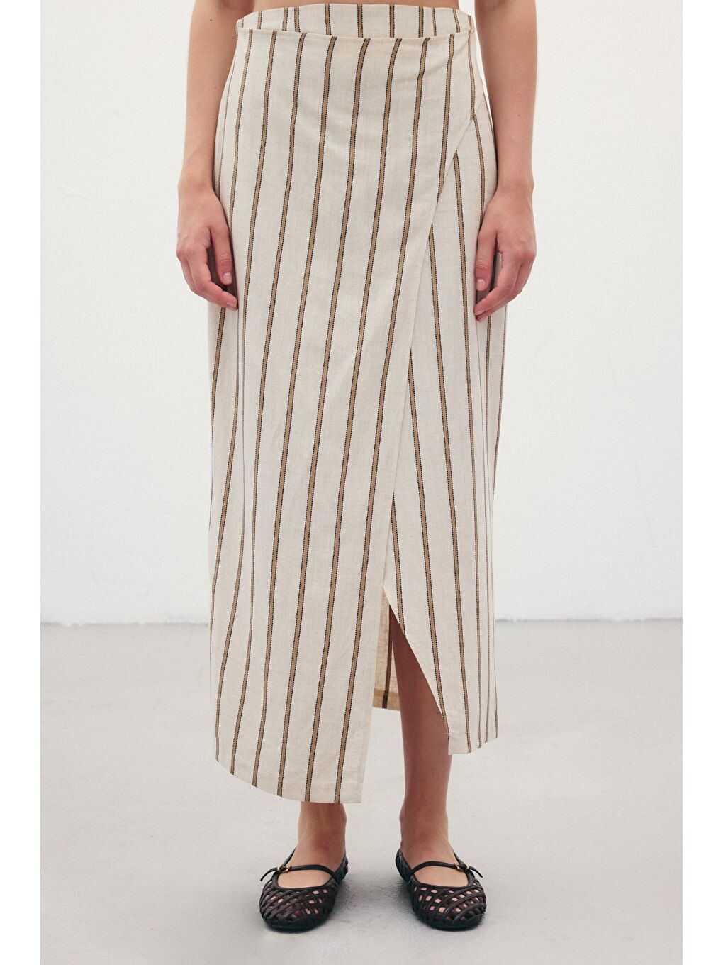 Kahverengi Çizgili Keten Etek - Camel-3