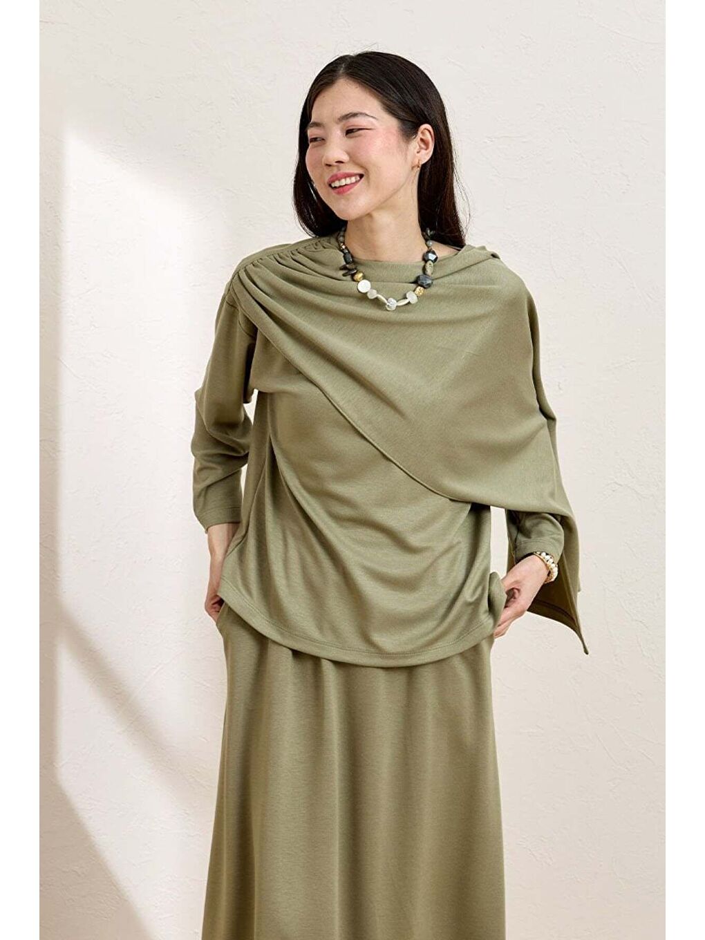 Çağla Yeşili Etek   Atkılı Bluz Takım-2