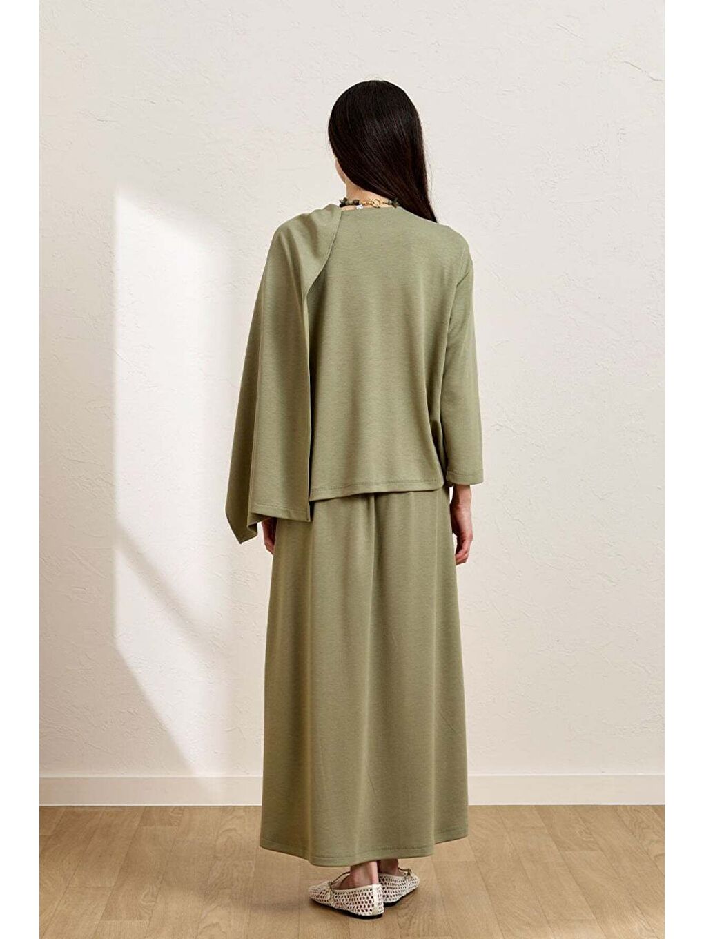 Çağla Yeşili Etek   Atkılı Bluz Takım-3