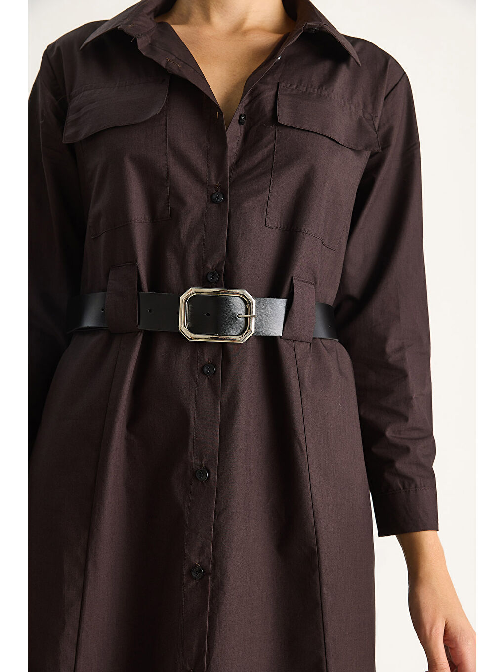 Kahverengi Kadın Düğme Kapamalı Cep Detaylı Kemerli Gömlek Elbise-5