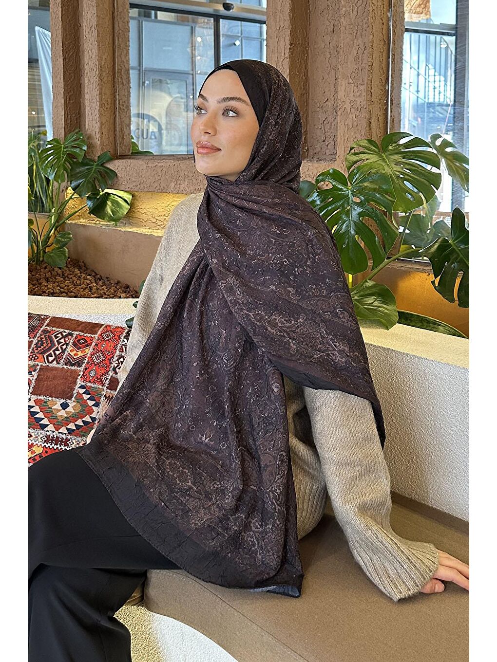 Retro Desen Bambu Şal Siyah Kahverengi-2