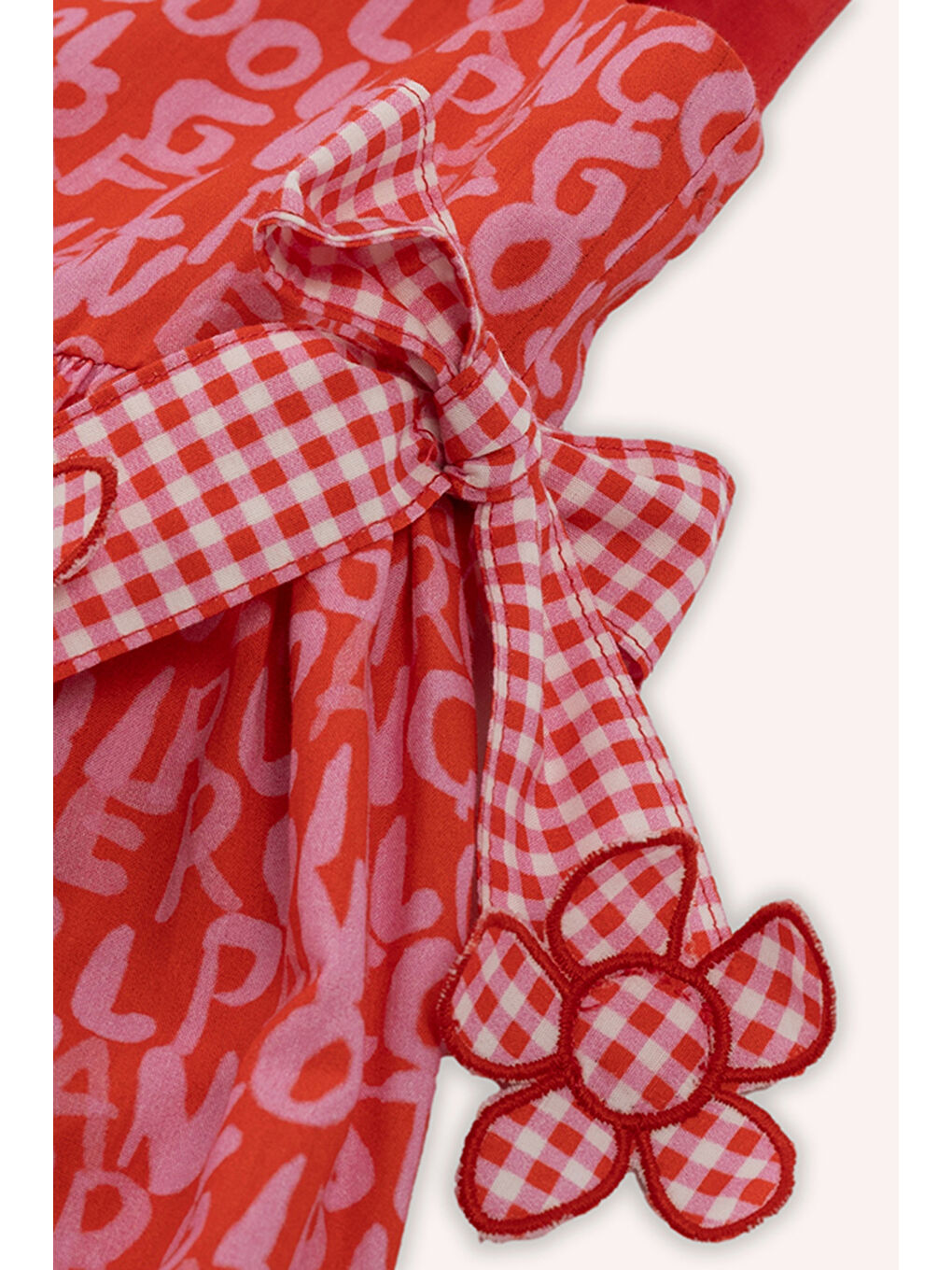 Kırmızı Kız Bebek Yaka Detaylı Eteği Volanlı Aplike Detaylı Desenli Nar Elbise-1