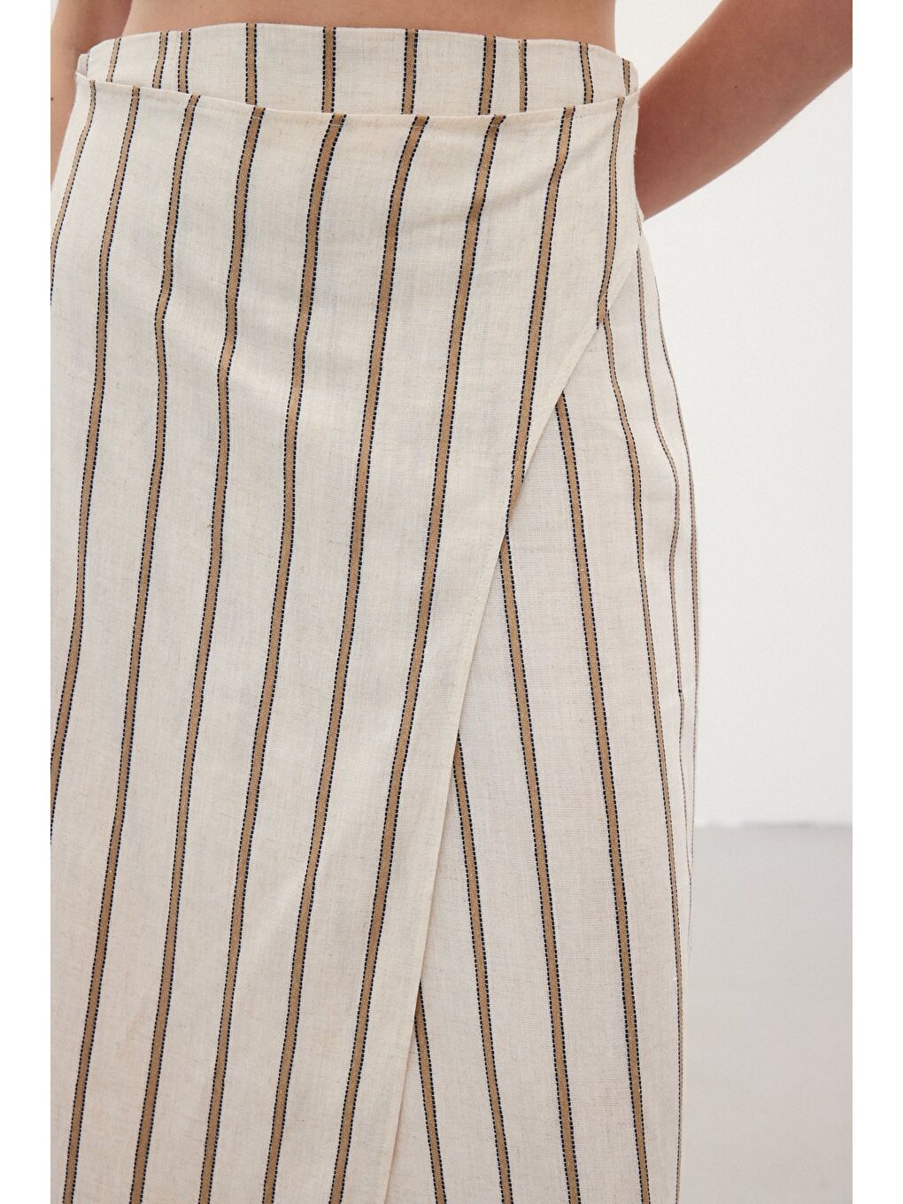 Kahverengi Çizgili Keten Etek - Camel-4