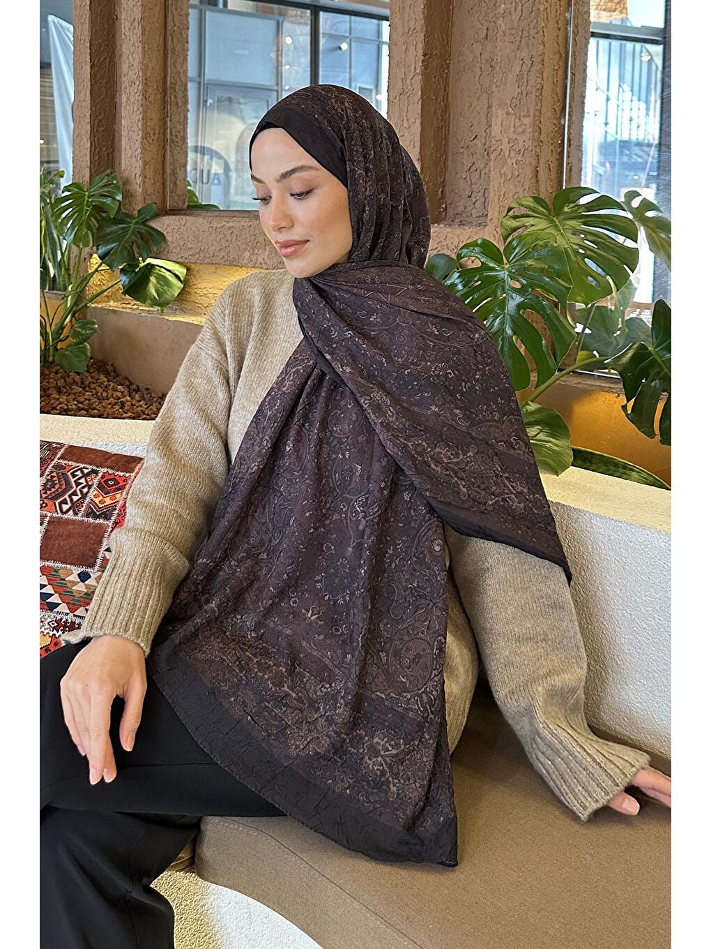 Retro Desen Bambu Şal Siyah Kahverengi-3