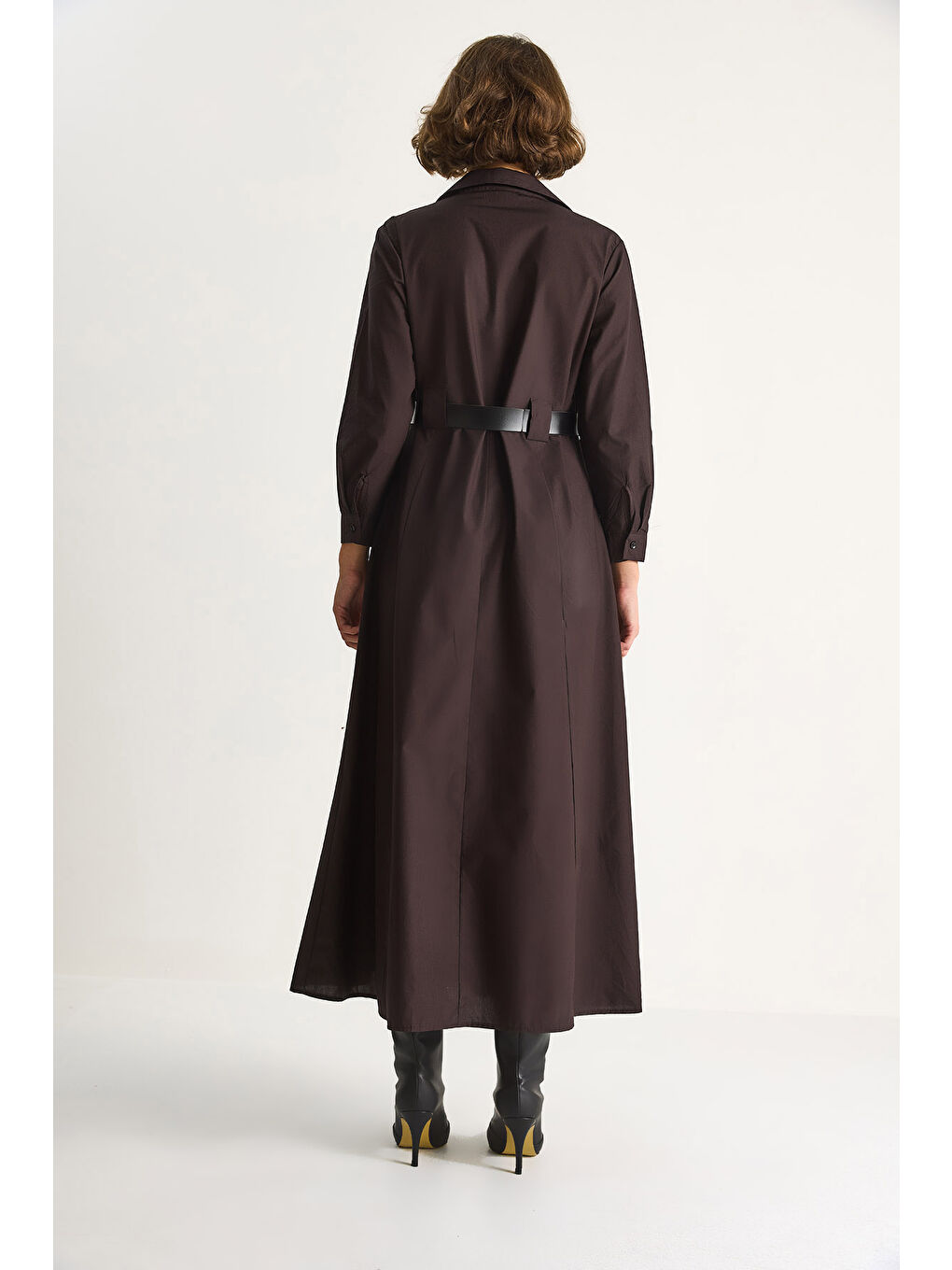 Kahverengi Kadın Düğme Kapamalı Cep Detaylı Kemerli Gömlek Elbise-6