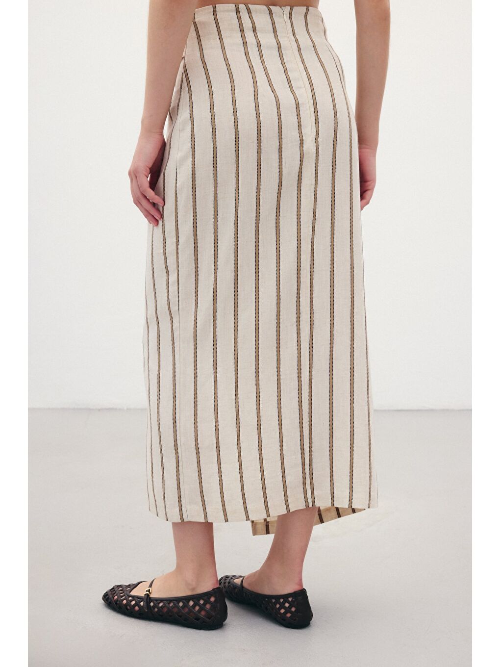 Kahverengi Çizgili Keten Etek - Camel-5