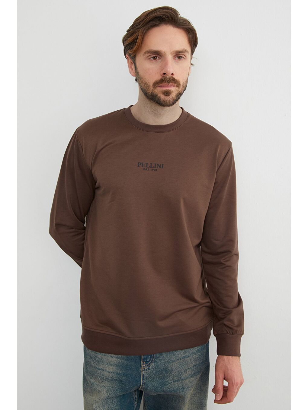 Kahverengi Pellını Yazı Kabartmalı Bisiklet Yaka Sweatshirt-3