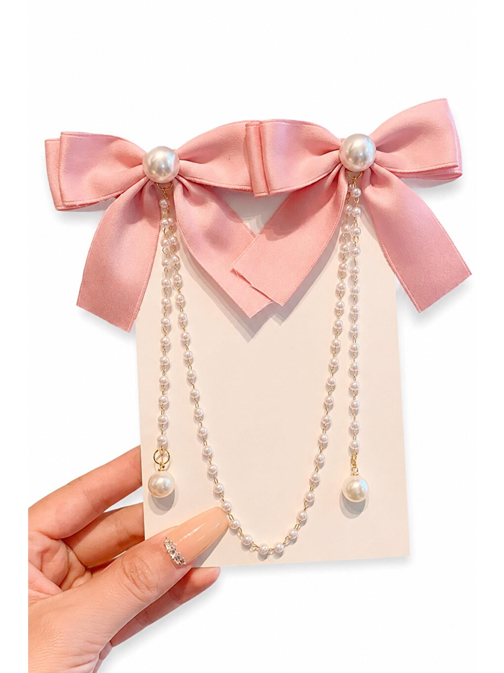 Pembe İnci Sallantılı Saten Fiyonk Saç Aksesuarı-3