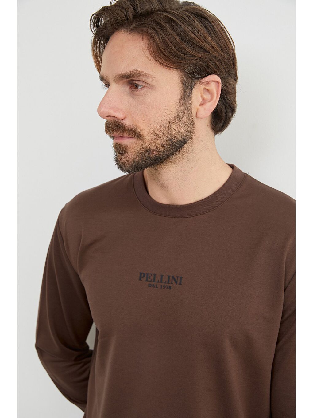 Kahverengi Pellını Yazı Kabartmalı Bisiklet Yaka Sweatshirt-4