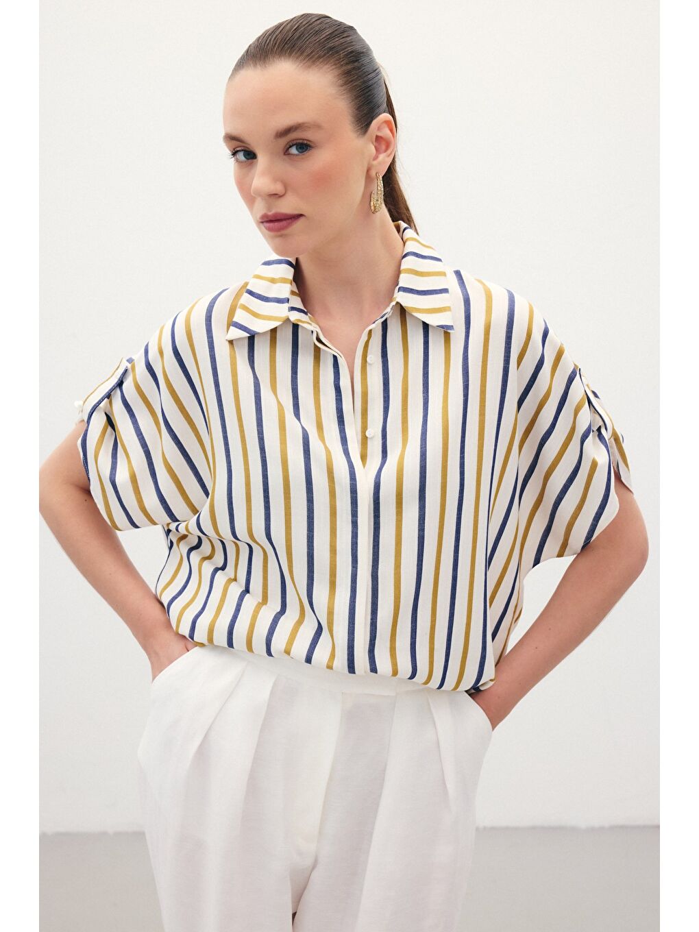 Keten Karışımlı Çizgili Gömlek - Lacivert-1