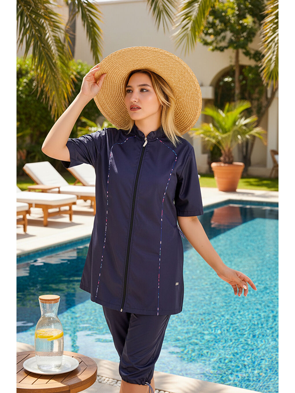 Lacivert Hızlı Kuruyan Paraşüt Kumaş Büyük Beden Yarı Kapalı Tesettür Mayo 2474-1