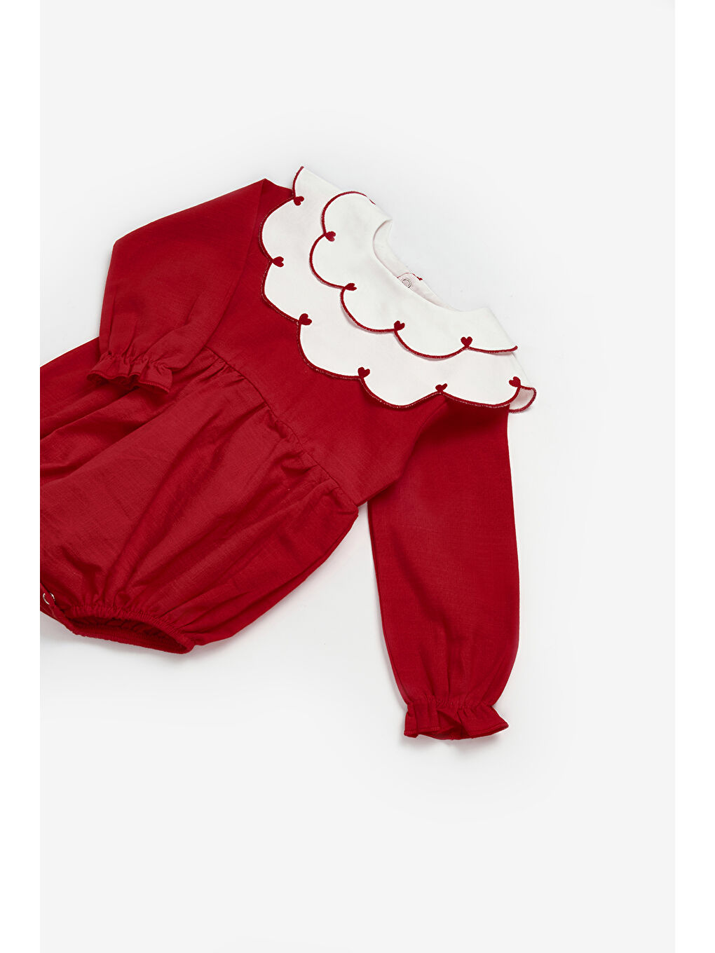 Kırmızı Kalp Desen Yakalı Kız Bebek Keten Tulum - Fabiana-2