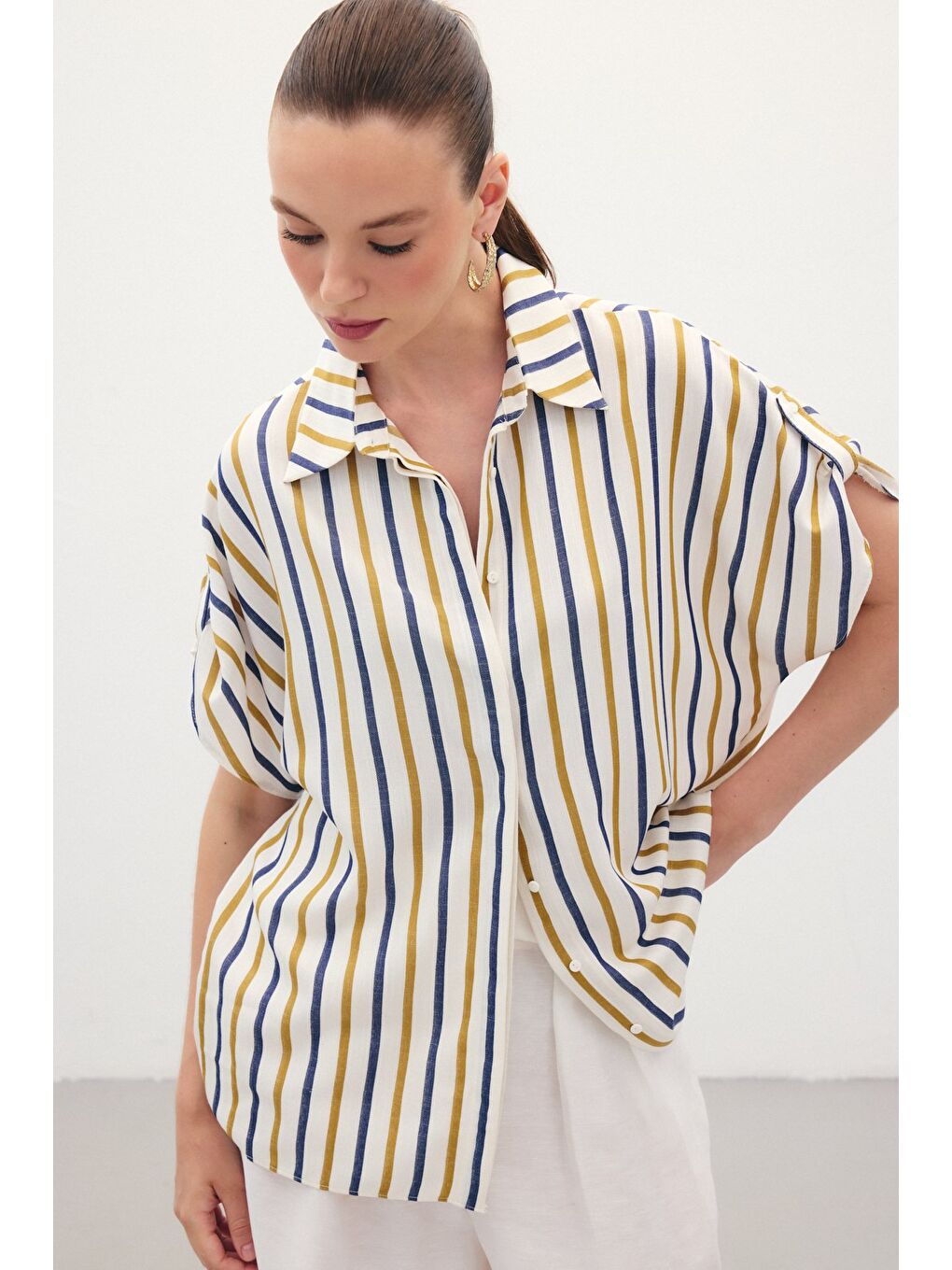 Keten Karışımlı Çizgili Gömlek - Lacivert-2