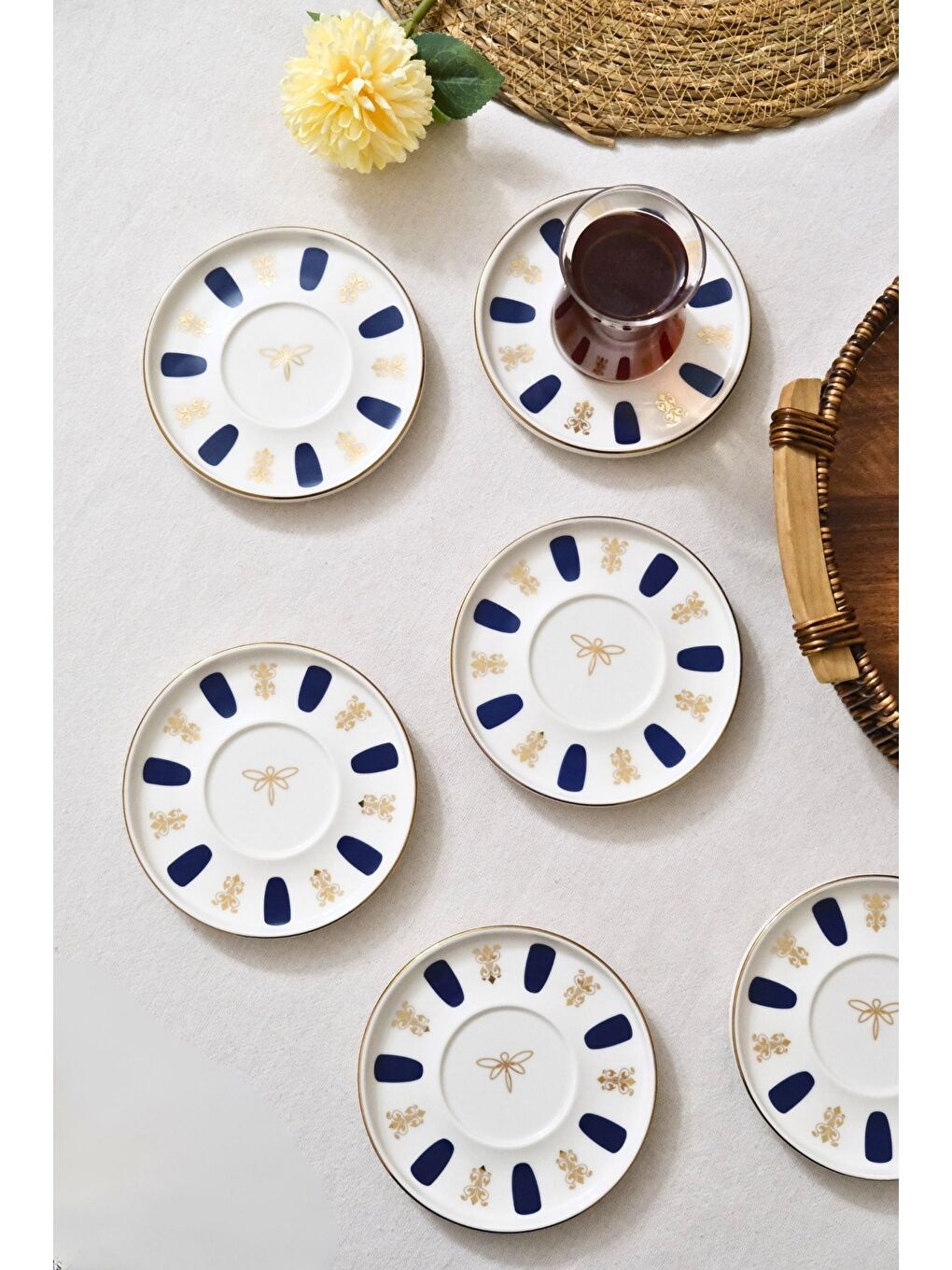 Beyaz Porselen Acem Zade Lacivert Çay Tabağı 12,5cm 6 lı