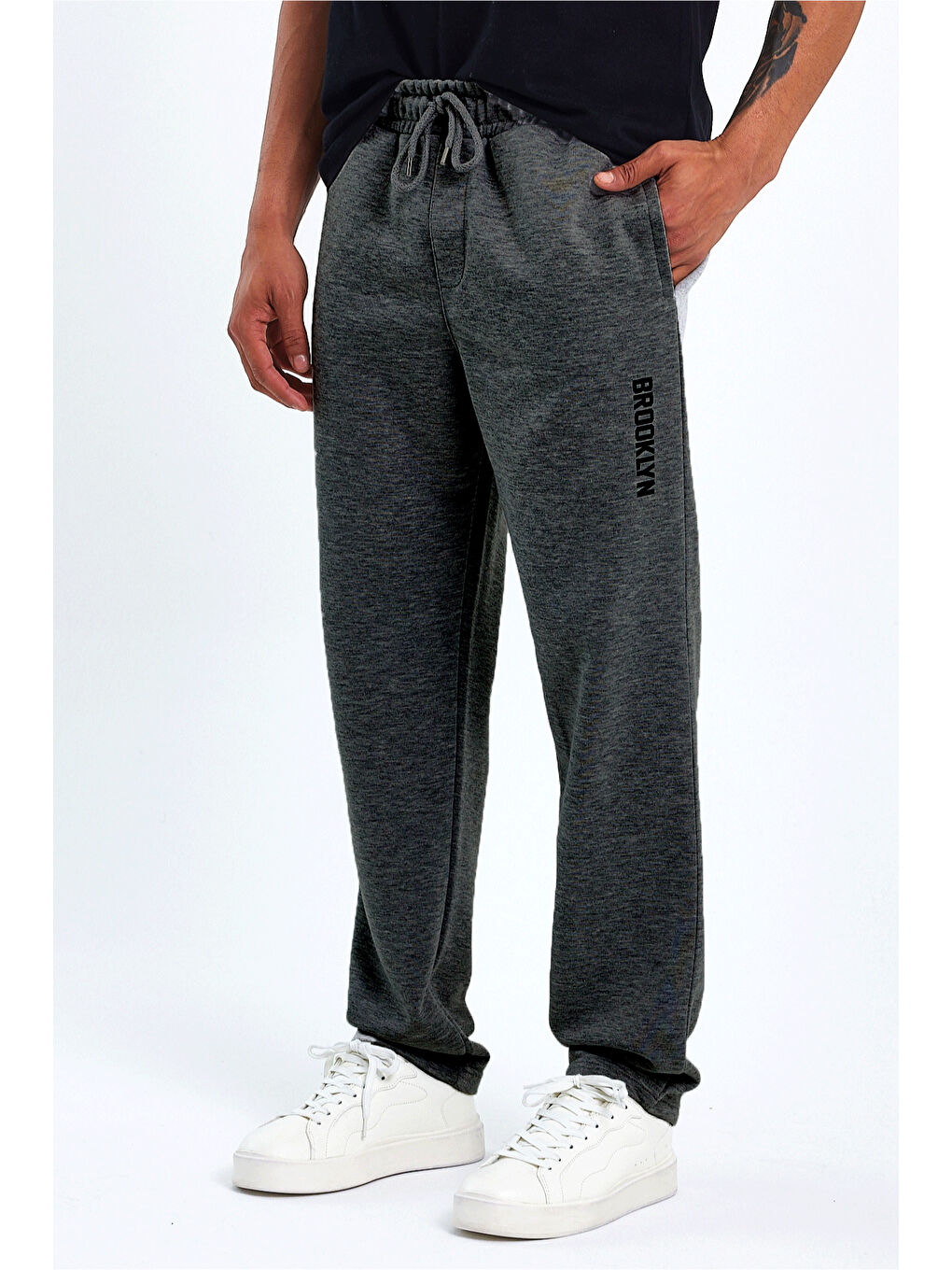 Gri İçi Polarlı 3 İplik Kalın Brooklyn Baskılı Erkek Eşofman Altı SPR25EA70-2