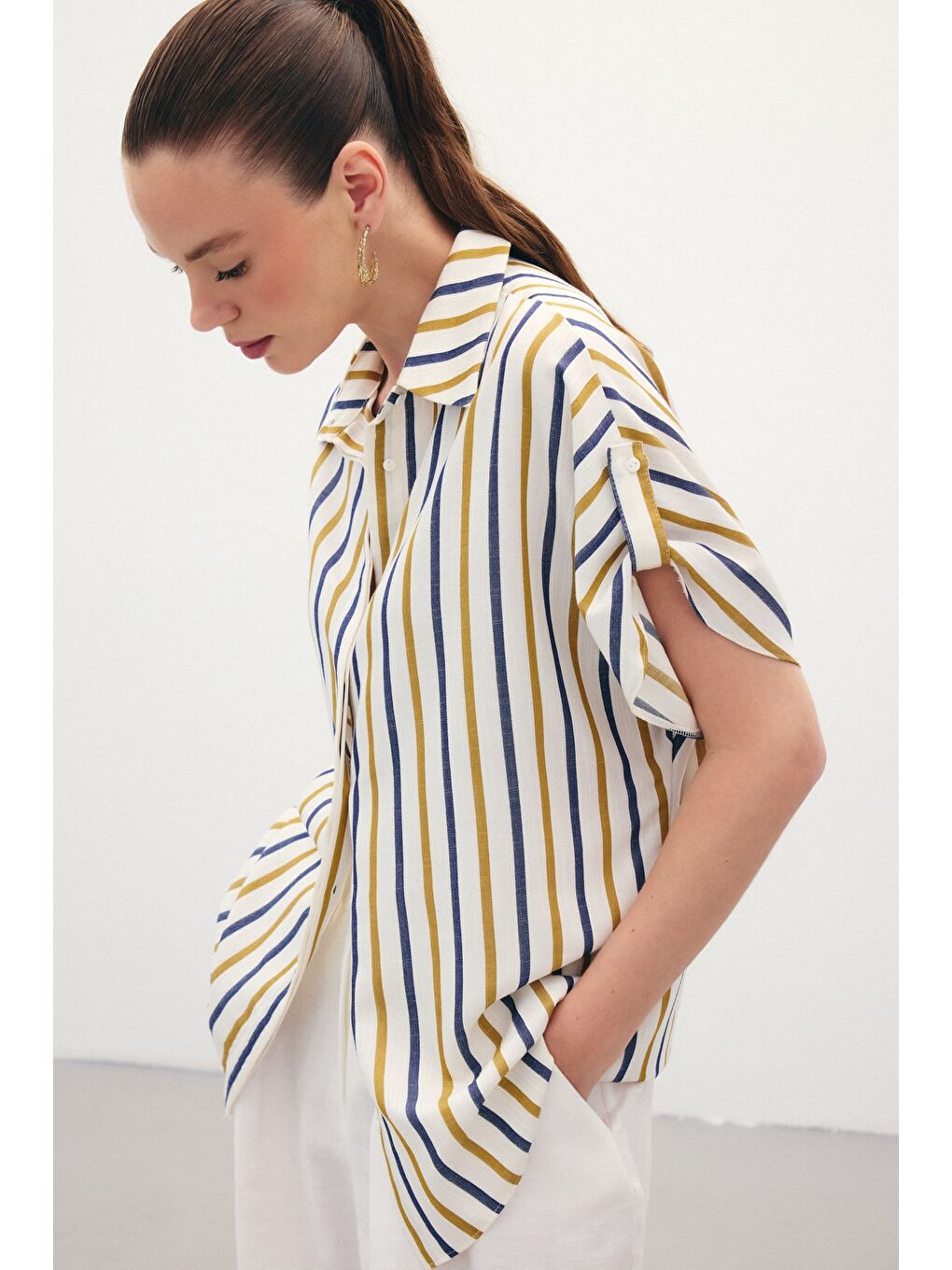 Keten Karışımlı Çizgili Gömlek - Lacivert-3