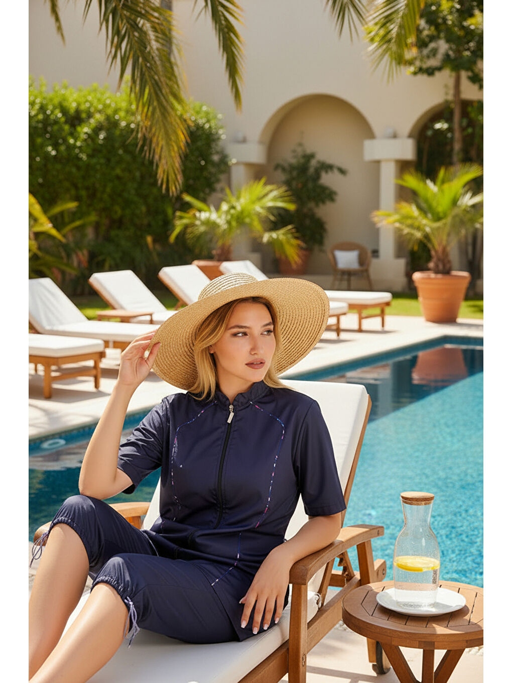 Lacivert Hızlı Kuruyan Paraşüt Kumaş Büyük Beden Yarı Kapalı Tesettür Mayo 2474-3