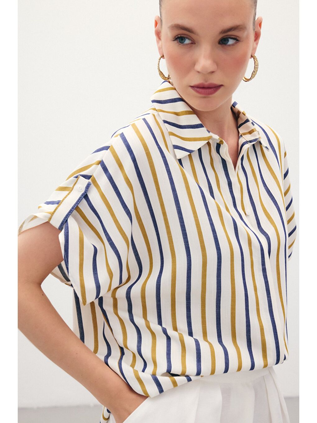 Keten Karışımlı Çizgili Gömlek - Lacivert-5