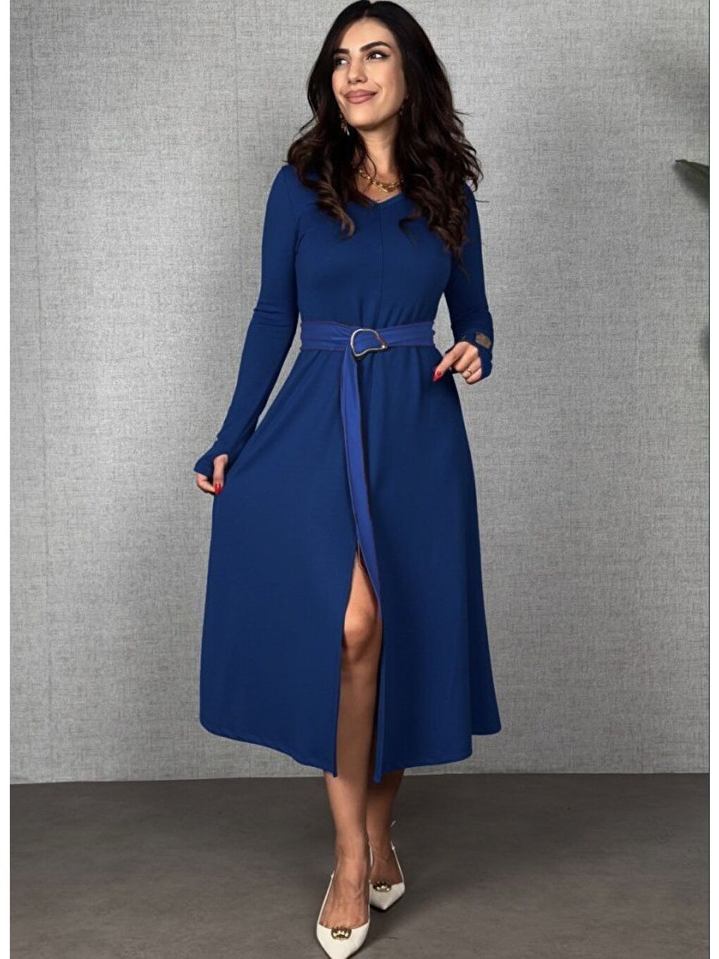 Lacivert Kadın Uzun Kollu Yakalı Belden Deri Detaylı Kuşaklı Yırtmaçlı Midi Viskon Iki Iplik Elbise-2