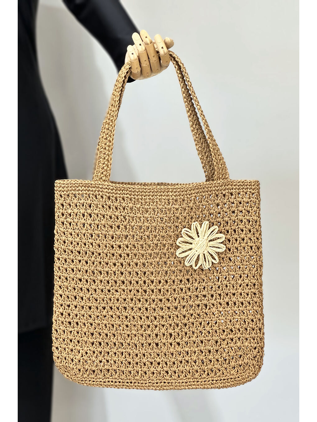Ekru El Örgüsü Hasır Çanta Plaj Çantası 026 Camel05