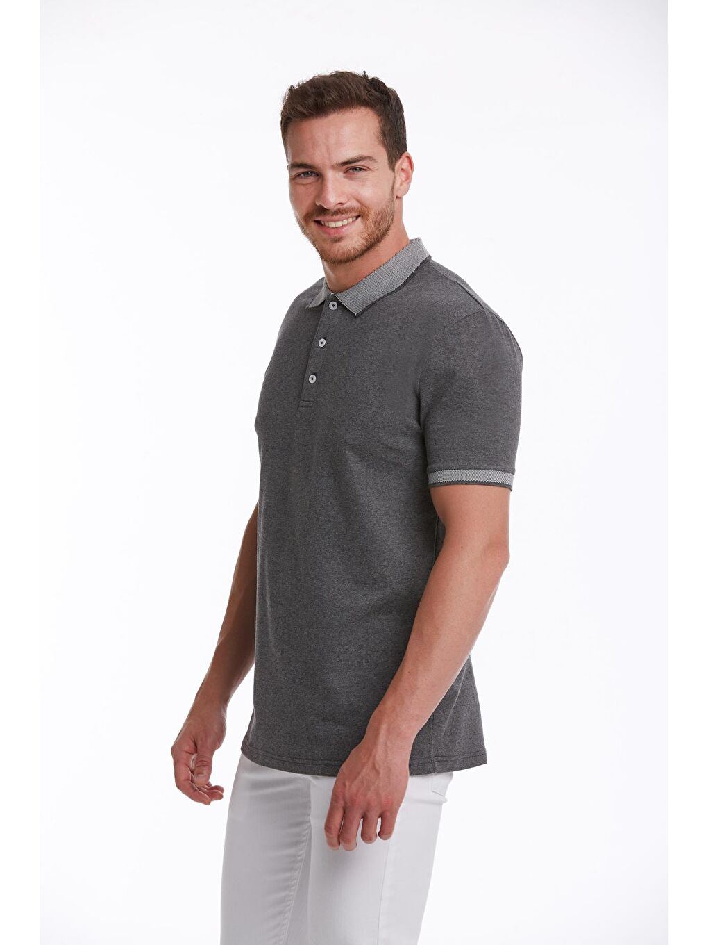 Antrasit Regular Fit Düz 100% Pamuklu Polo Yaka Tişört-1