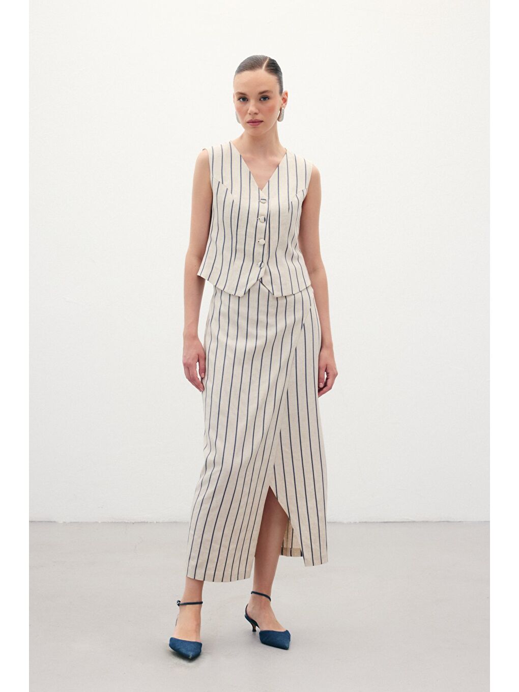 Çizgili Keten Etek - Lacivert-1