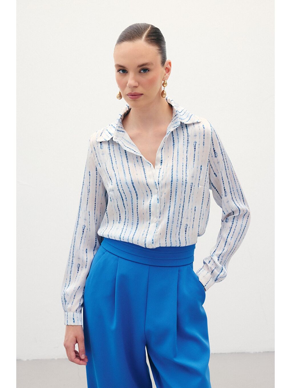 Desenli Klasik Gömlek - Sax Mavi-1