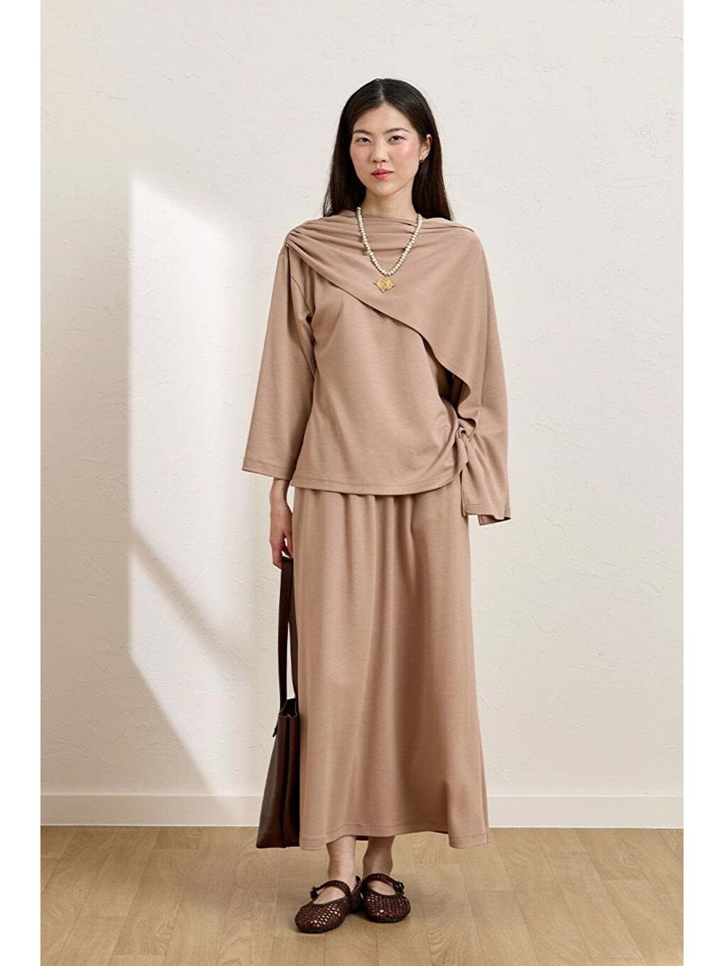 Bej Karamel Etek   Atkılı Bluz Takım