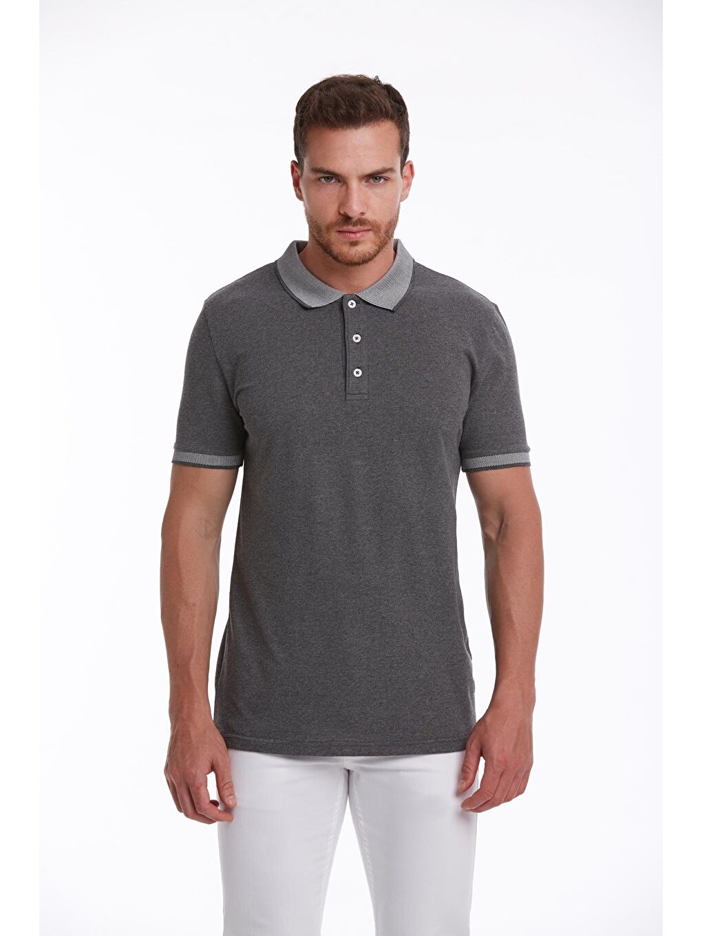 Antrasit Regular Fit Düz 100% Pamuklu Polo Yaka Tişört-2